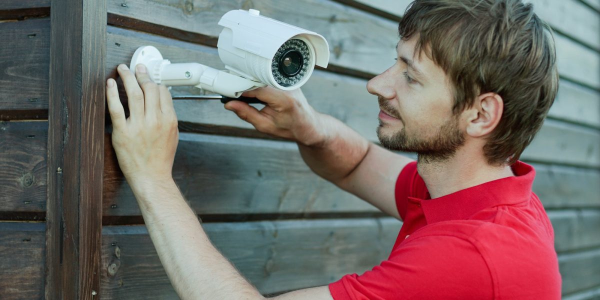 Caucasian technician installing IP wireless CCTV camera by screwed for home security system